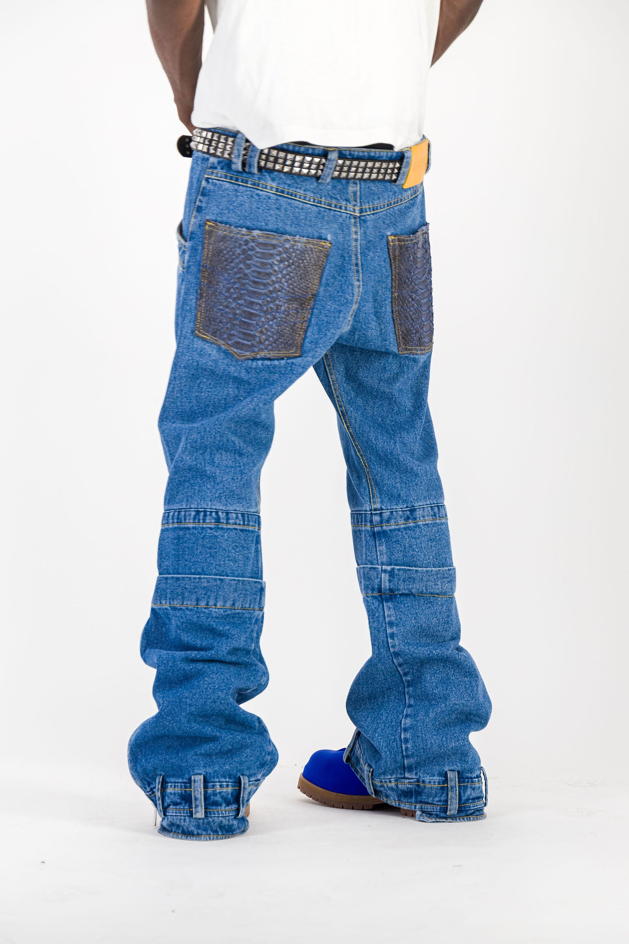 AKIRA PANTS - STONE WASHED BLUE DENIM W/ LEATHER – Anael Paris